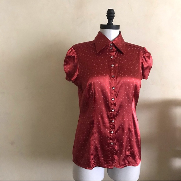 Ambiance Tops - Red Satin Button-Up Blouse